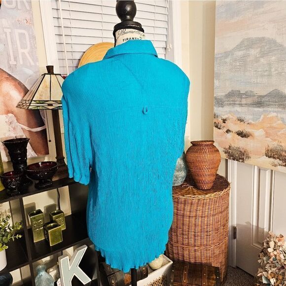 Vtg Melrose Rayon Blend Teal Ribbed Button Front Casual Blouse. - Picture 7 of 13